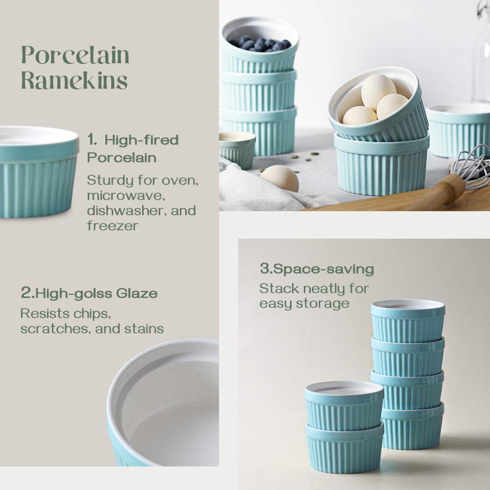 DOWAN 8 oz Porcelain Ramekins Set of 6 - Oven Safe Baking Bowls for Creme Brulee, Souffle, Desserts & Appetizers | Classic Blue Ramekins for Home Baking, Restaurant Use & Party Serving