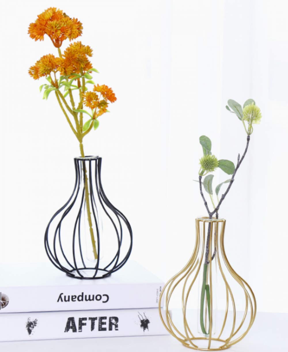 Nordic Wrought Iron Lantern-Shaped Glass Vase with Metal Wire Holder - Elegant Gold Flower Vase for Wedding, Home & Garden Decor - Perfect for Centerpieces, Table Decorations and Special Events
