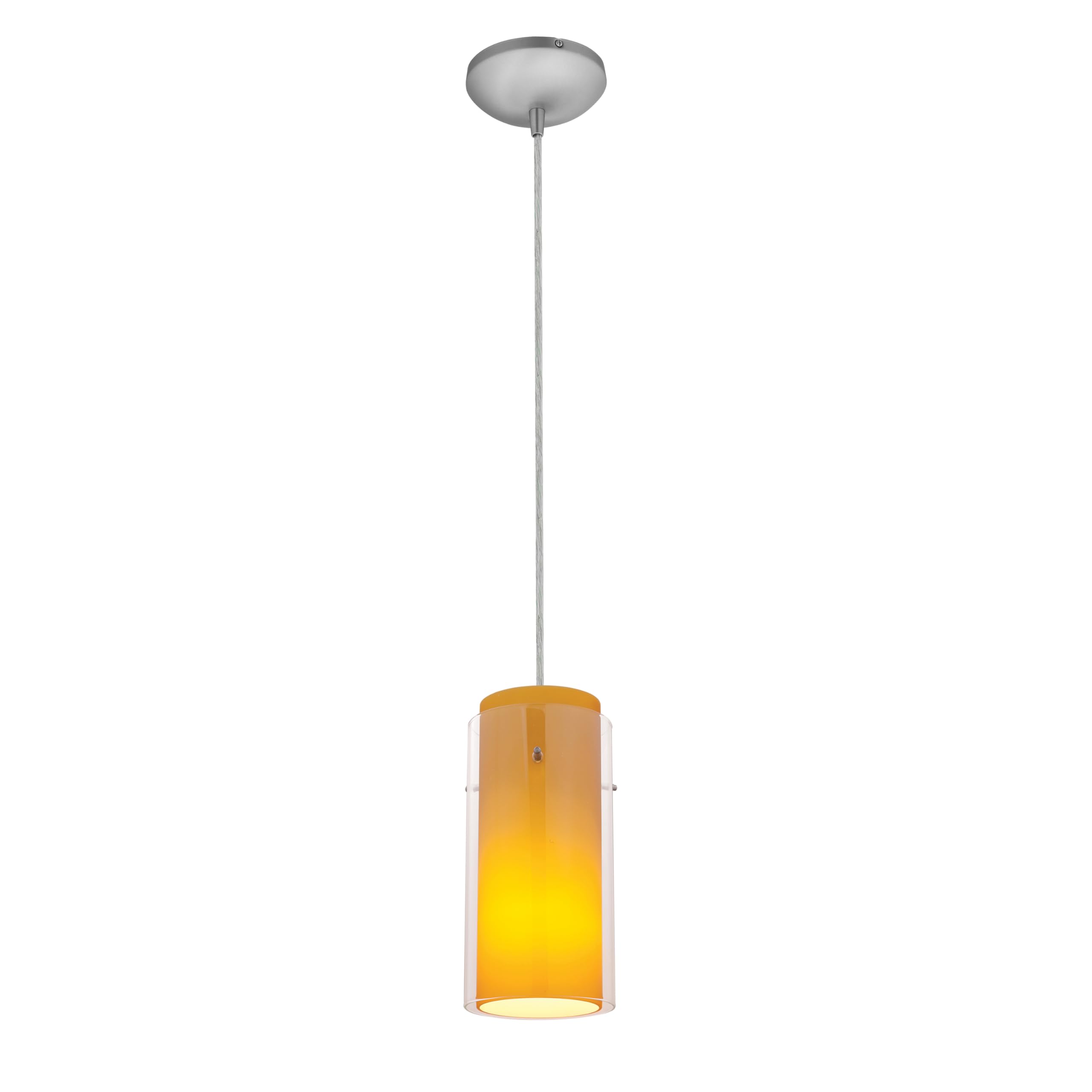 Glass Cylinder Pendant Light with Cord - Brushed Steel Finish & Clear Amber Glass Shade - Modern Industrial Lighting for Kitchen Island, Dining Room, or Bar Counter