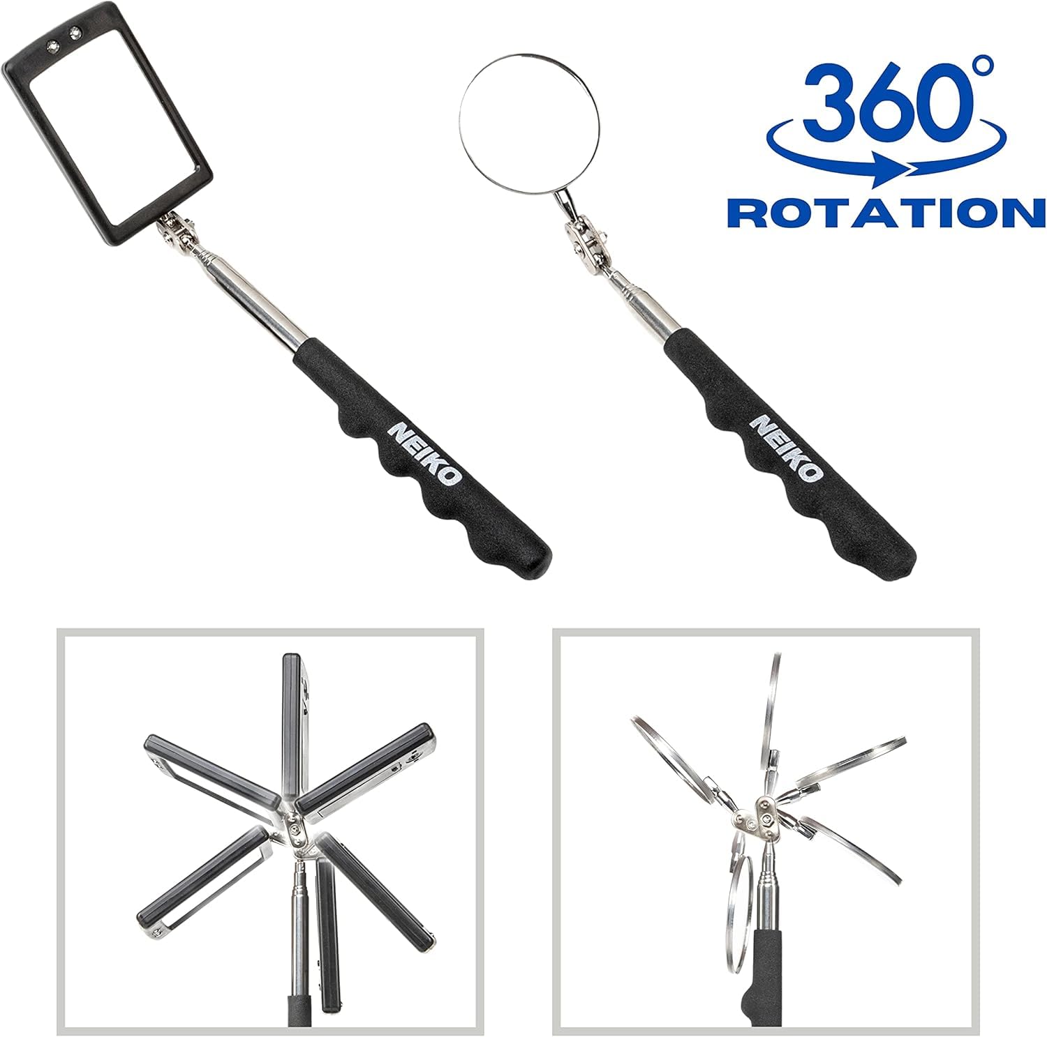 NEIKO 20736A 6-Piece Magnetic Tool Set with Telescoping Mirror, Adjustable Pickup Tool, 15lb Retriever & Flashlight | 360° Swivel Magnet Mirror for Automotive Repair, HVAC, and DIY Home Maintenance