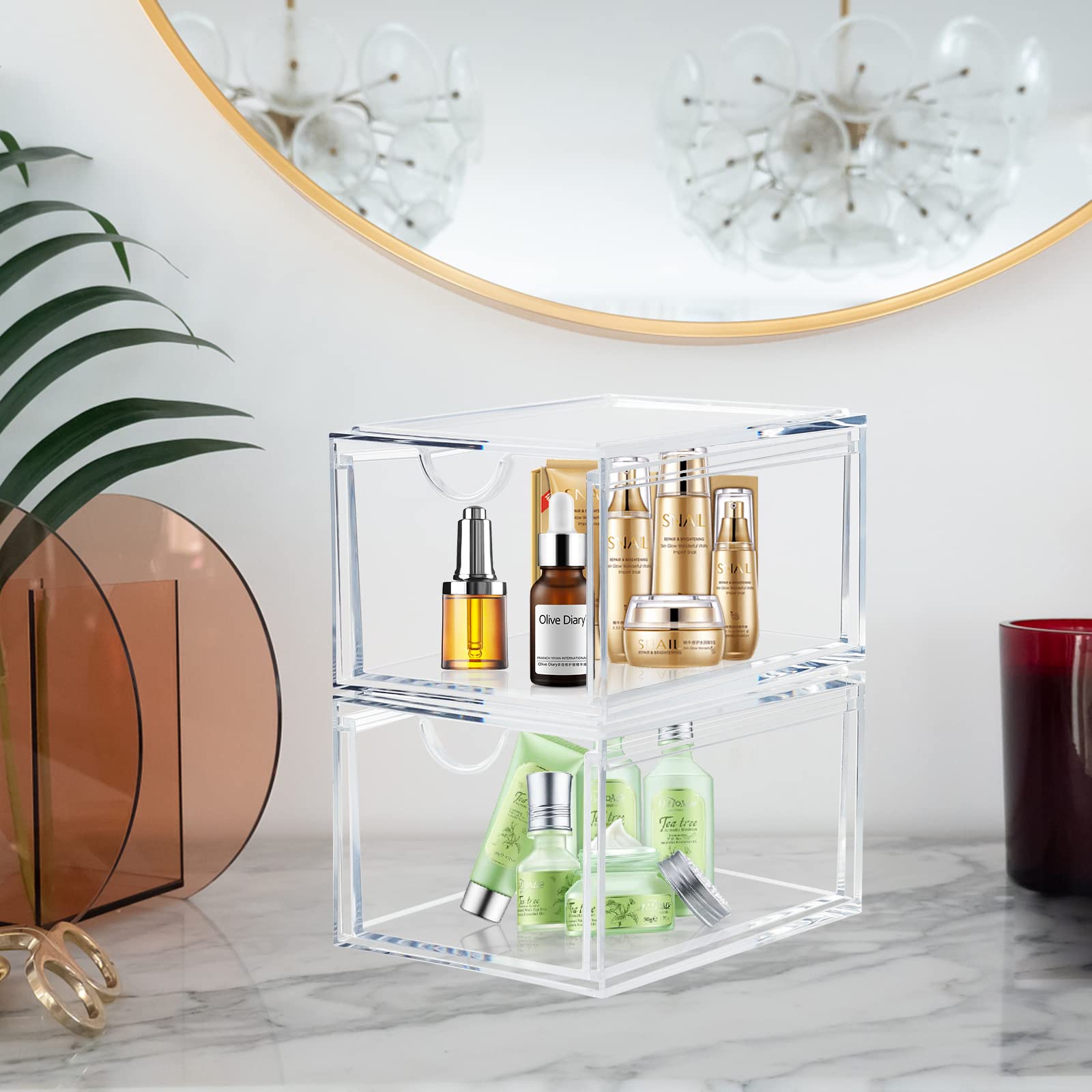 Stackable Acrylic Makeup Organizer - Set of 2 Clear Drawers for Bathroom & Bedroom Storage