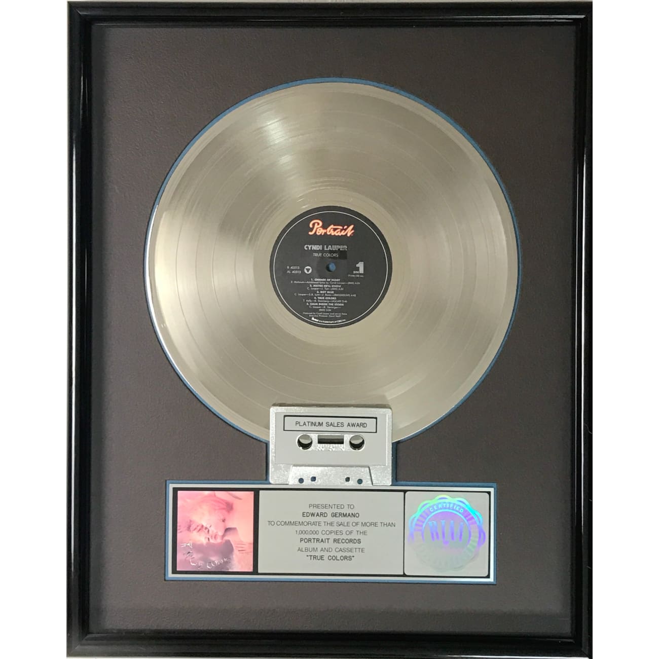 Cyndi Lauper True Colors RIAA Platinum Album Award - Vintage Music Collectible for Fans & Display