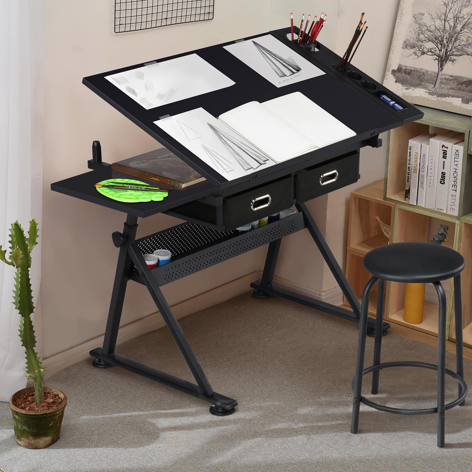 Yaheetech Adjustable Drafting Table for Artists - Height Adjustable Drawing Desk with 2 Storage Drawers & Stool - Perfect for Diamond Painting, Crafting, Home Office & School Use - Black Art Workstation