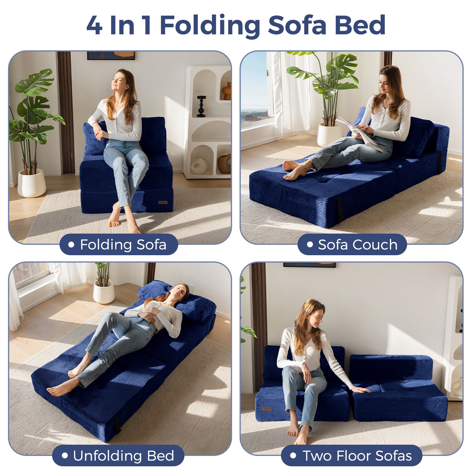 MAXYOYO Folding Sofa Bed - Convertible Sleeper Sofa with High Density Support Foam for Living Room & Bedroom - Navy Blue - Perfect for Small Spaces, Guest Rooms & Apartments