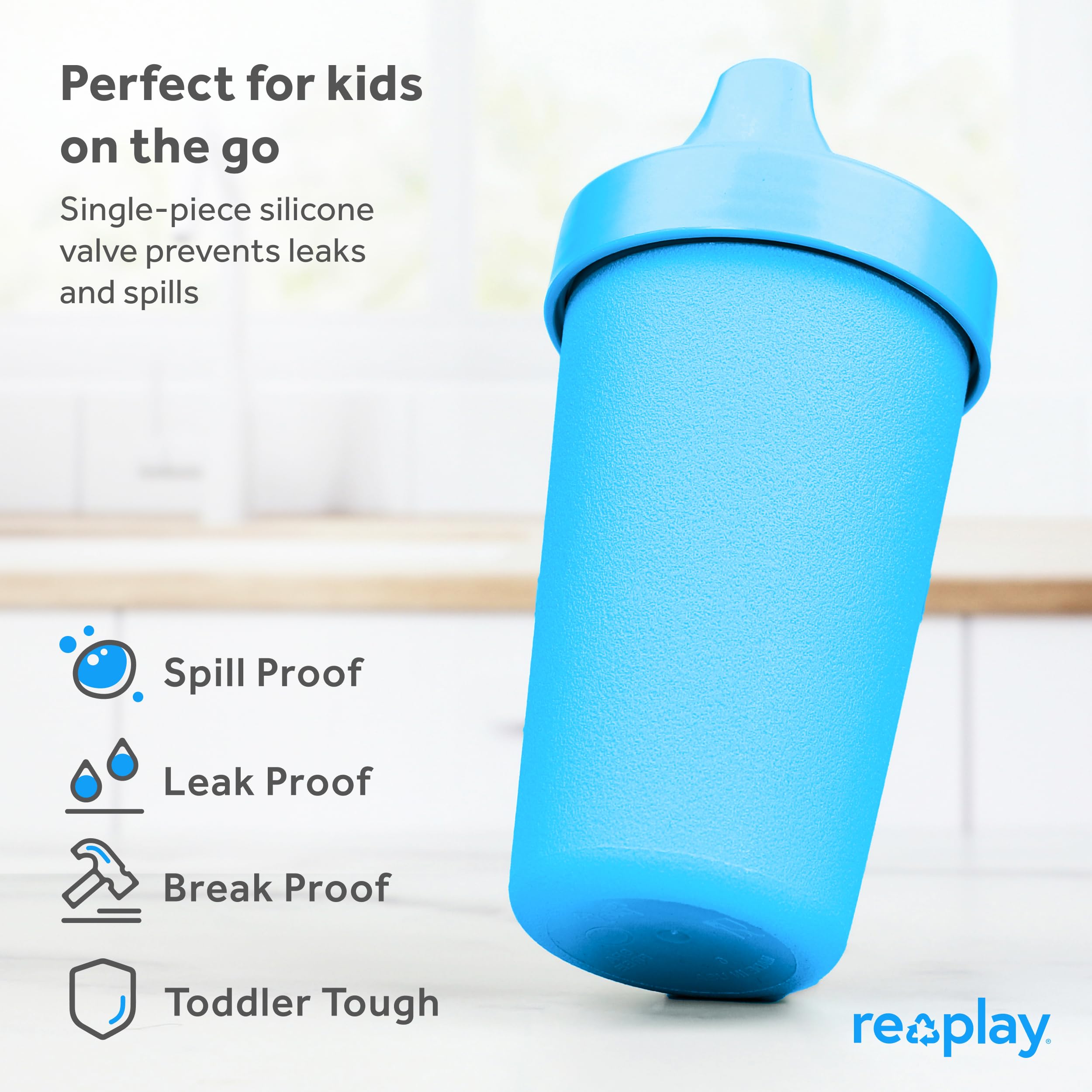Re-Play Made in USA 10 Oz. Spill-Proof Sippy Cups for Toddlers (Pack of 4) - BPA-Free, Dishwasher & Microwave Safe Baby Cups - Modern Blue Hard Spout Training Cups 3.13