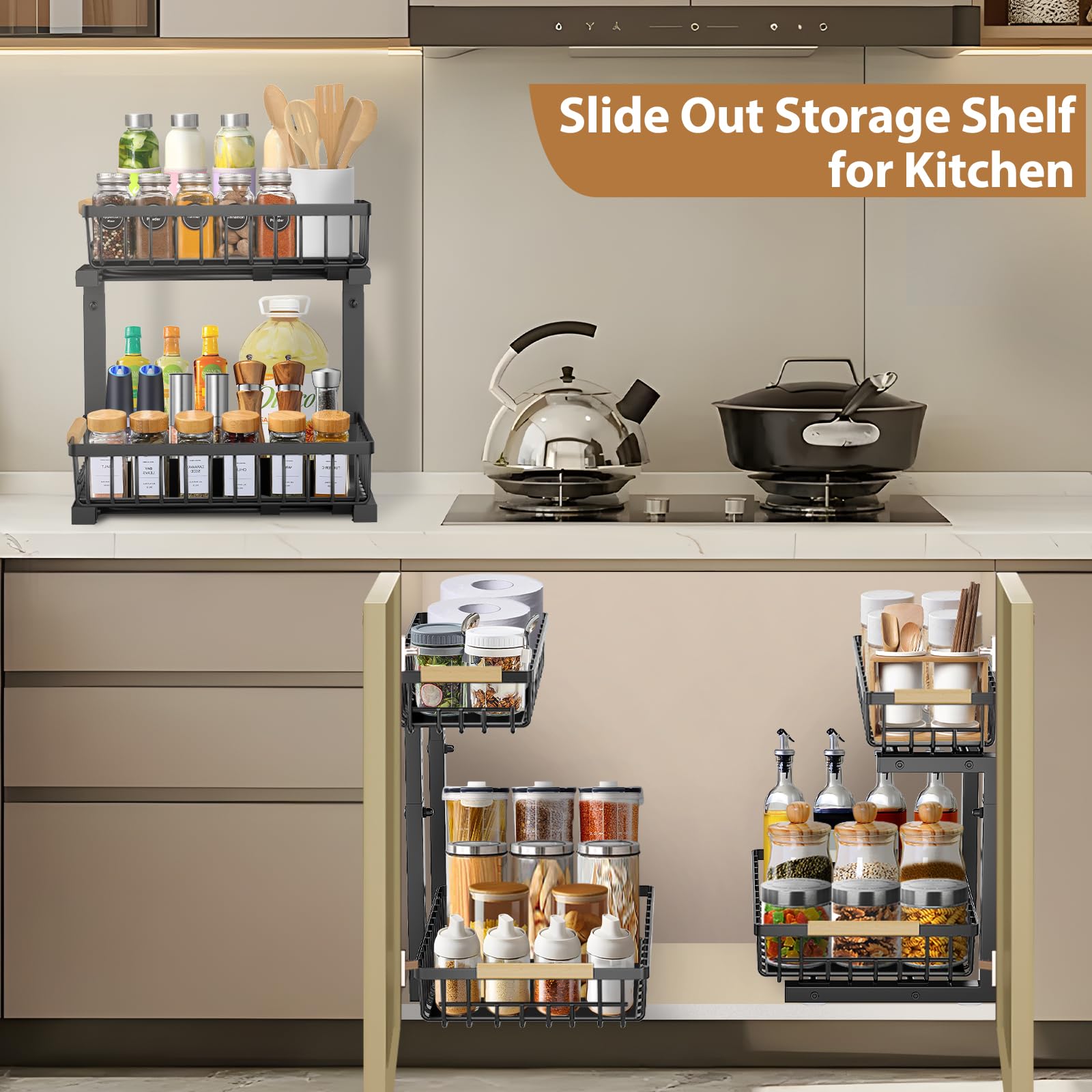 2 Pack Under Sink Organizer - Adjustable Height Metal Pull Out Cabinet Storage Shelves for Kitchen & Bathroom | Space Saving Under Sink Organizer for Cleaning Supplies, Sponges & Toiletries (Black)