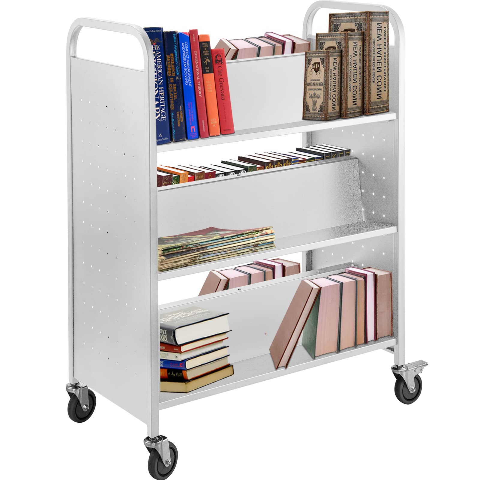 VEVOR 6-Shelf Rolling Library Book Cart with W-Shaped Sloped Shelves & Lockable Wheels - Double Sided Book Truck for Home, Office, School - Perfect for Classroom Organization, Bookstore Displays & Library Storage (White)