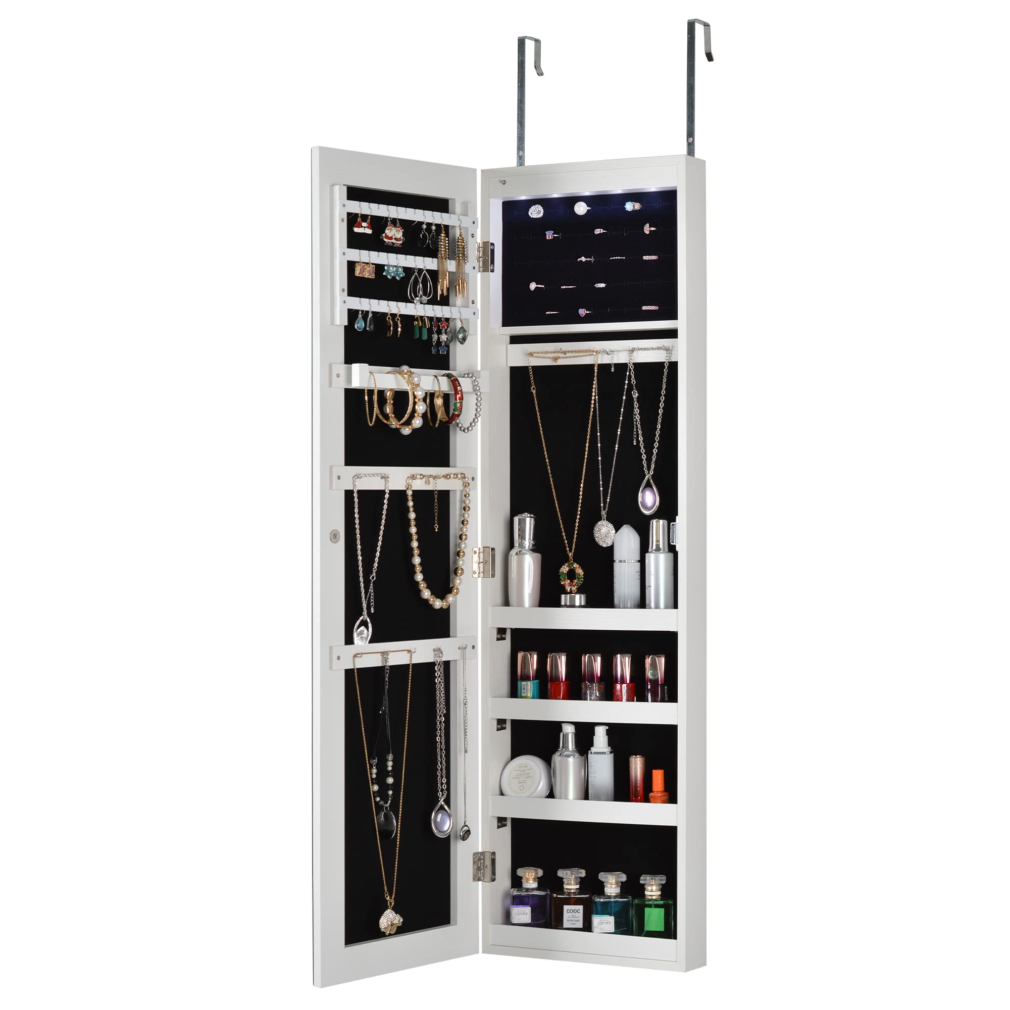 Hanging Mirror Jewelry Cabinet with Storage - Sliding Full Length Mirror Jewelry Armoire Organizer, Wall Mounted & Door Mounted with LED Lights - White - Perfect for Bedroom, Closet & Dressing Room Organization