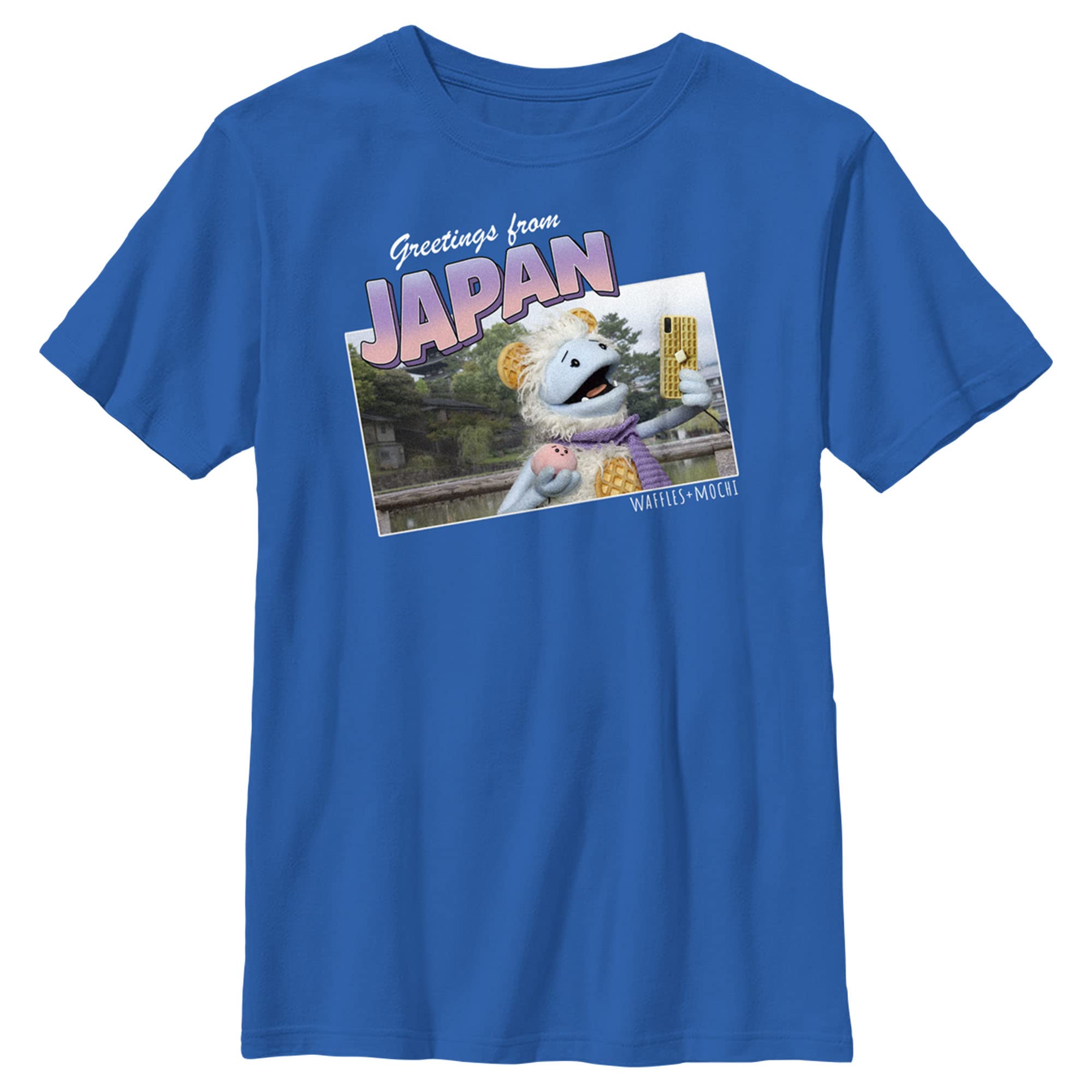 Boys Waffles & Mochi Japan Postcard Graphic T-Shirt - Cute Anime Style Tee for Kids Birthday & Japanese Culture Fans