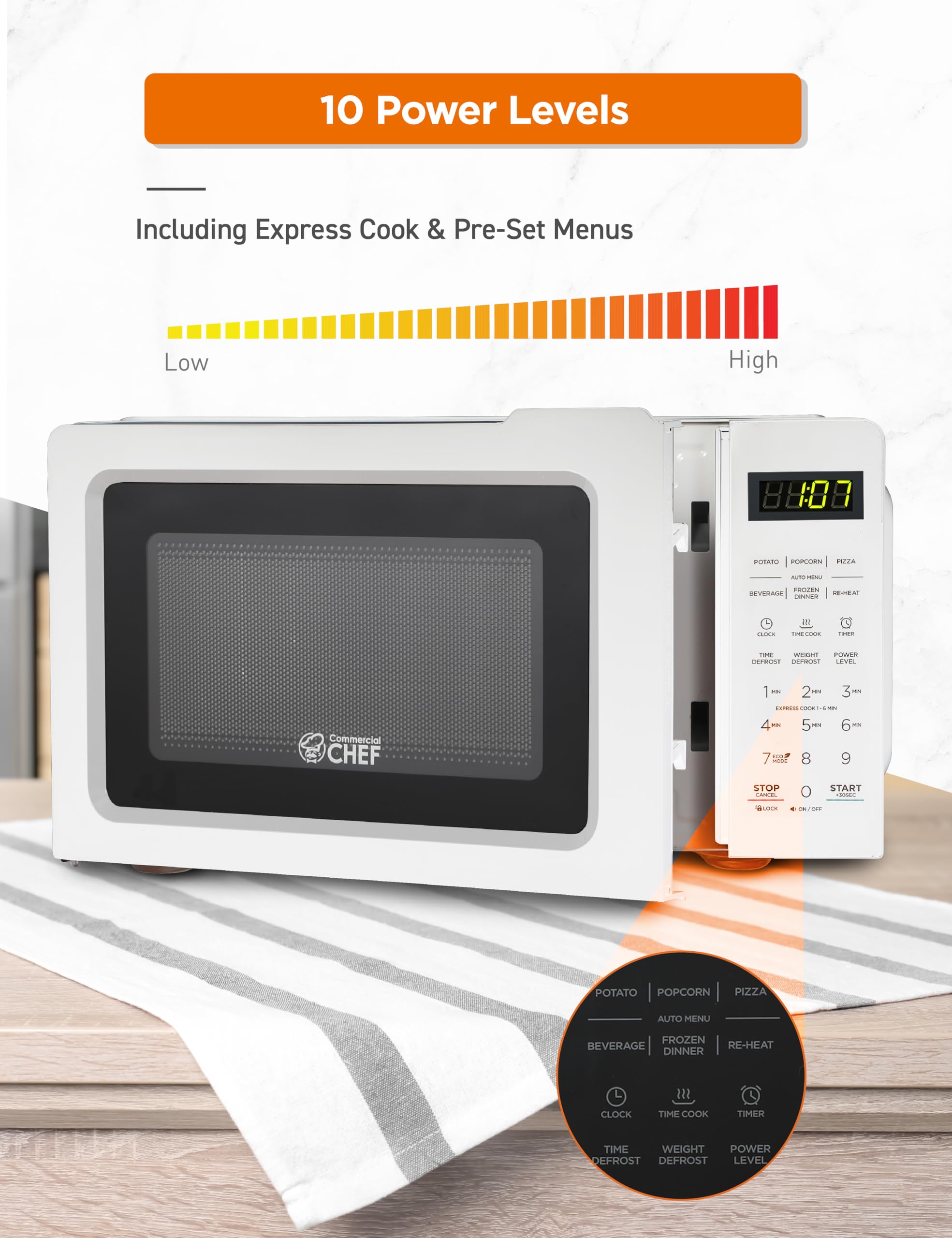Commercial Chef 0.7 Cu Ft Compact Microwave Oven - 700W Countertop Microwave with 10 Power Levels, Pull Handle, 99-Minute Timer & Digital Display - Perfect for Dorms, Offices & Small Kitchens (White)