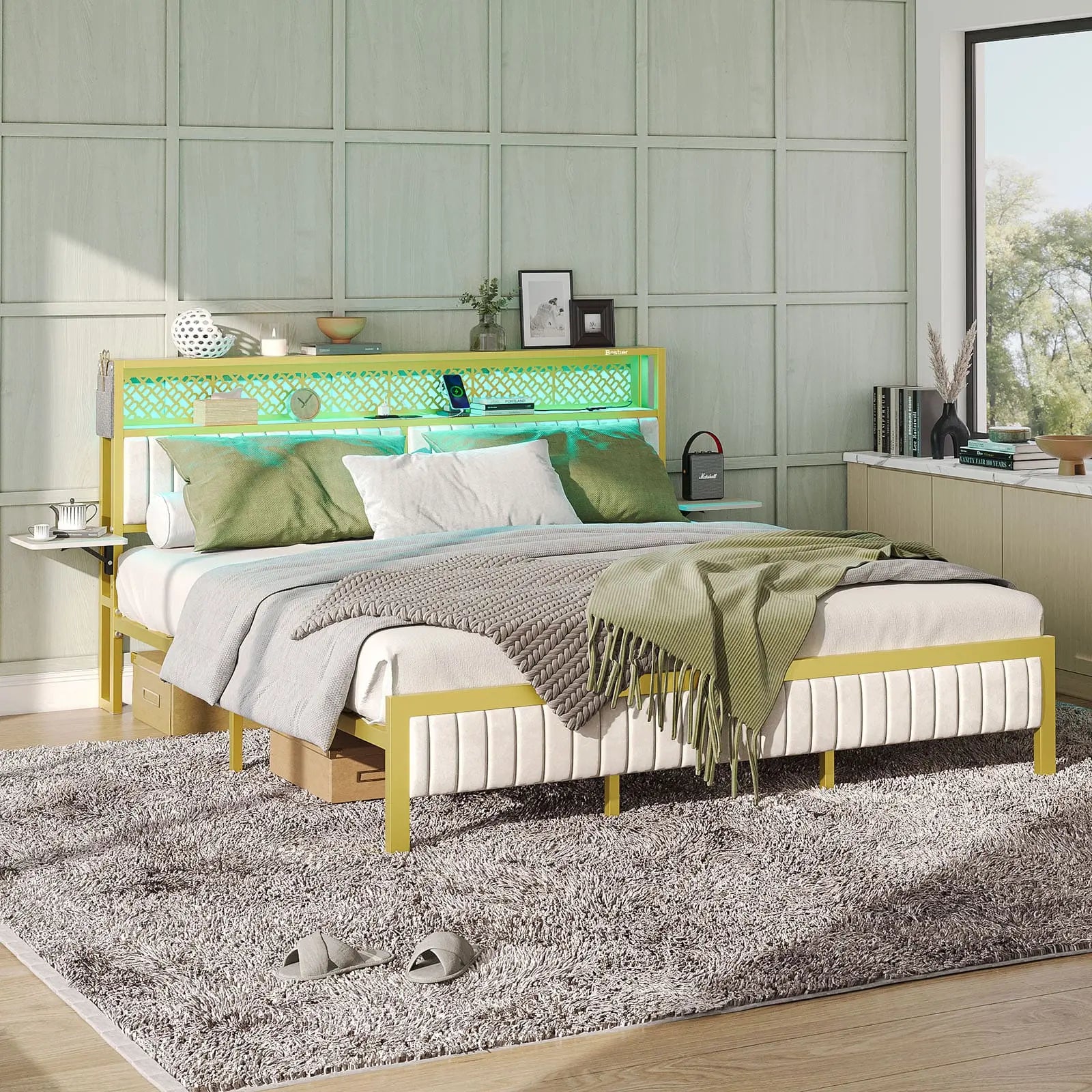 Bestier King/Queen/Full Size Bed Frame with USB Charging Station - Sturdy Metal Platform Bed with Headboard & LED Lights - Perfect for Modern Bedrooms & Guest Rooms