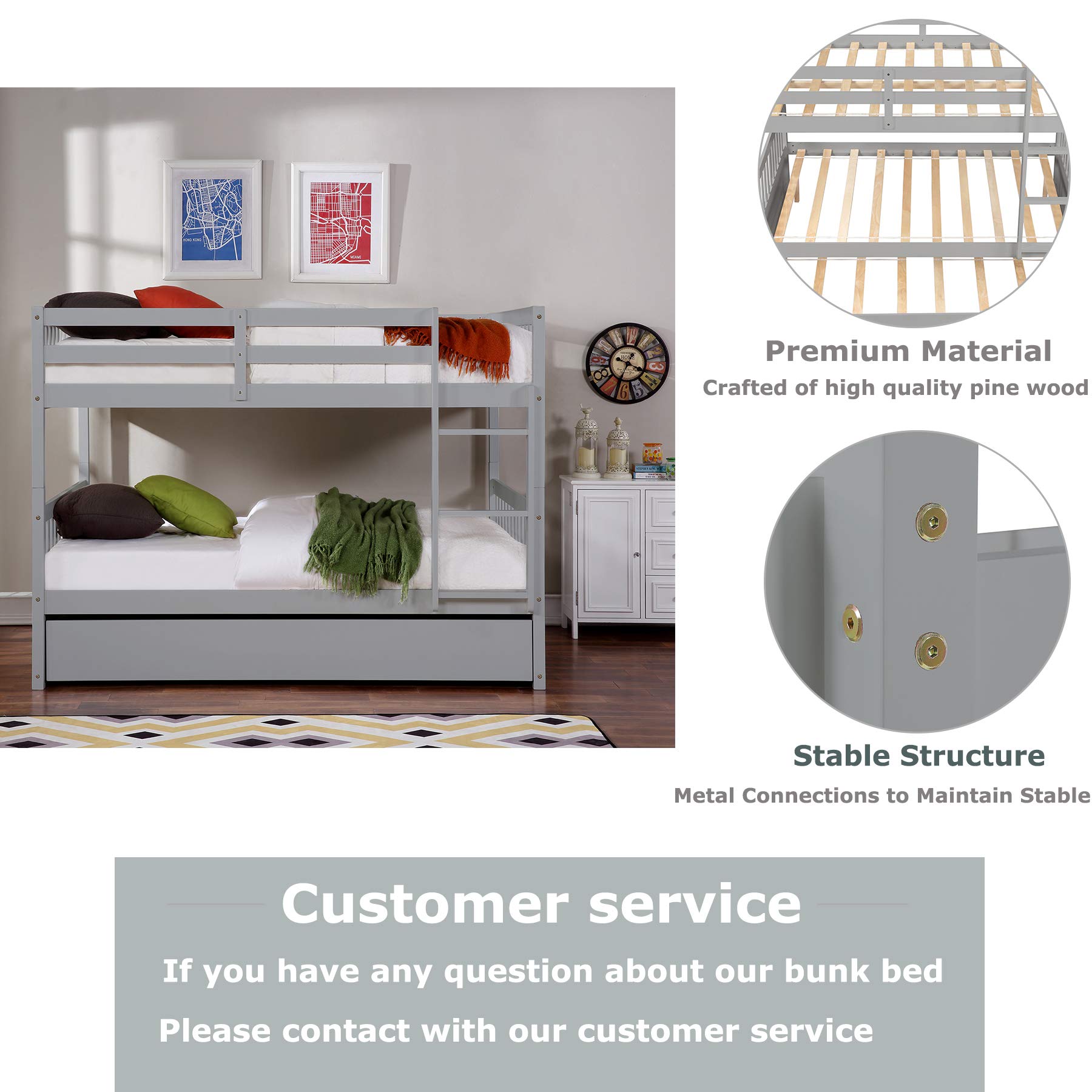 Full Over Full Bunk Bed with Trundle - Converts to 2 Full Size Platform Beds - Sturdy Ladder & Safety Rails for Teens & Adults - Modern Grey Finish - Perfect for Small Spaces, Guest Rooms & Dormitories