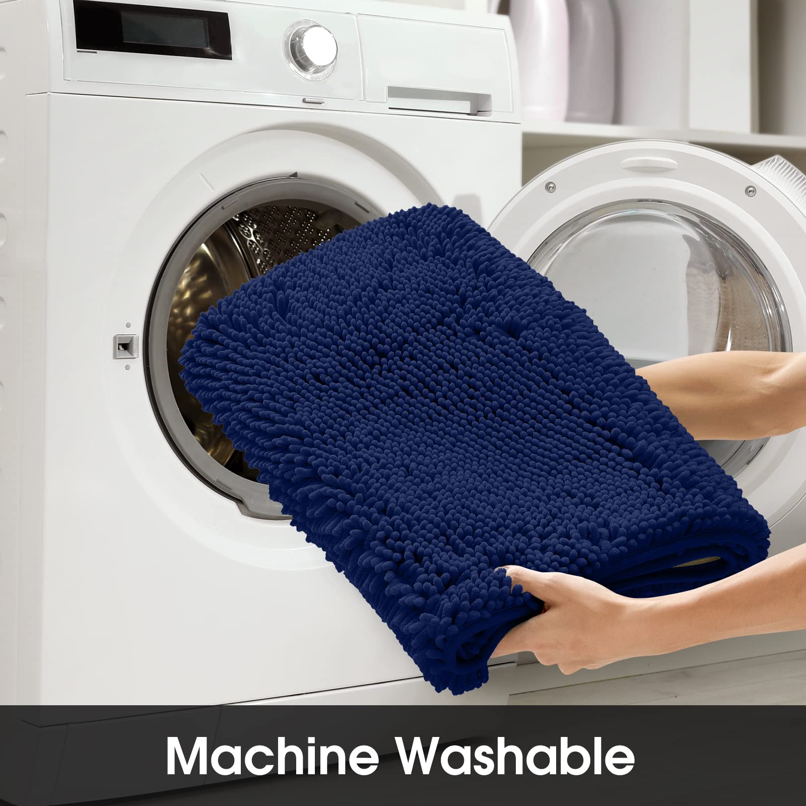 HOMEIDEAS Navy Blue Bathroom Rug Runner 17x47 Inch - Ultra Soft, Absorbent, Non-Slip Chenille Plush Shower Mat - Machine Washable Bath Carpet for Bathroom, Shower, and Vanity Areas - Perfect for Modern and Cozy Home Decor