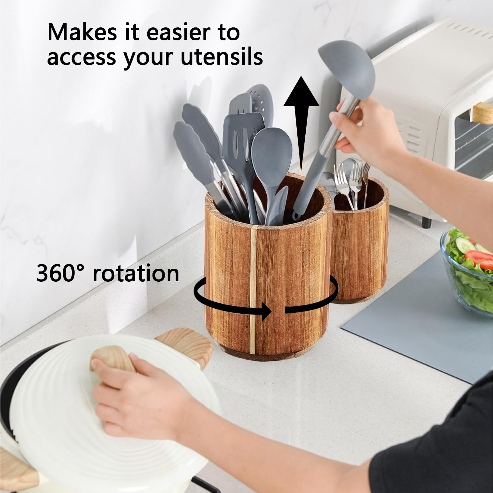 Premium Acacia Wood Kitchen Utensil Holder - 360° Rotating Organizer with 7.3