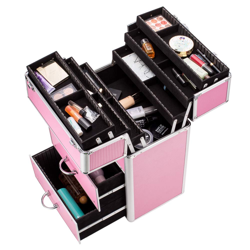 4-Tier Lockable Cosmetic Makeup Train Case with Extendable Trays - Pink Organizer for Professional Makeup Artists & Travel | Portable Beauty Storage for Salon, Home & On-the-Go Use