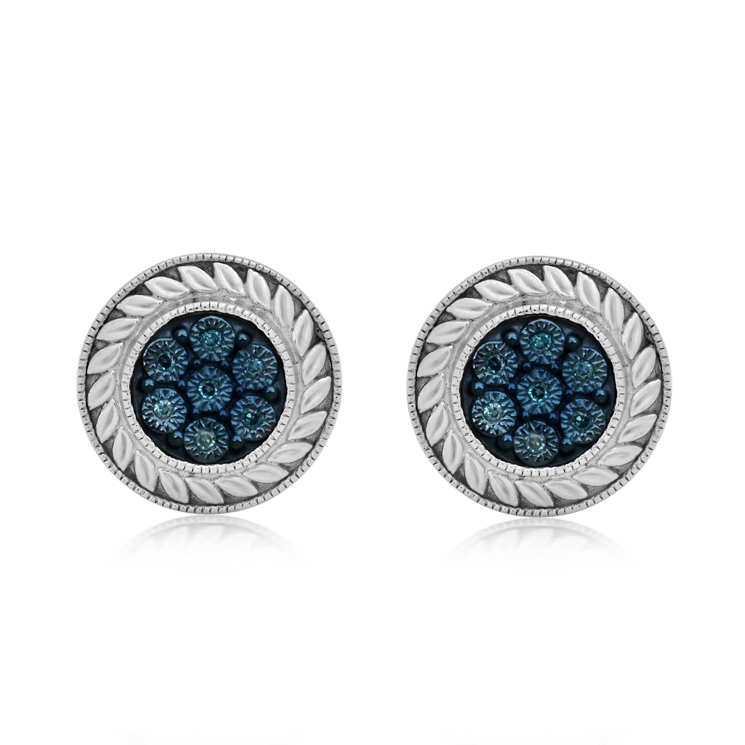 Jewelili Sterling Silver Round Stud Earrings with Blue, White & Champagne Diamonds – Perfect for Weddings, Parties & Everyday Elegance