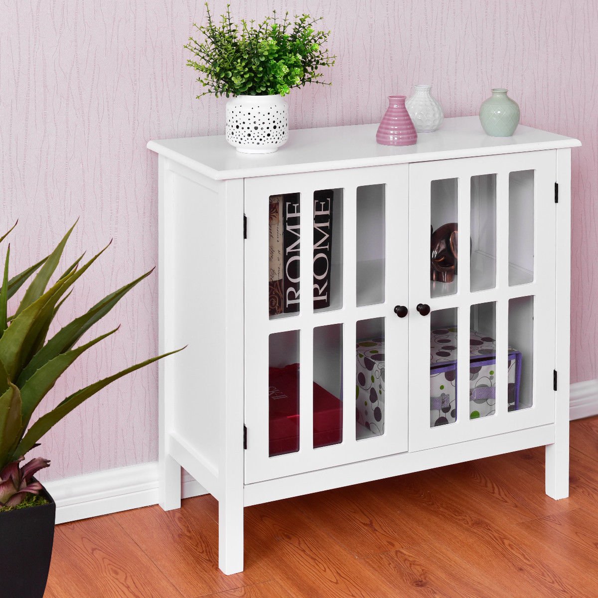 Tangkula White Sideboard Buffet Cabinet with 2 Glass Doors - Kitchen Dining Room Storage Cabinet, Liquor Curio Display, Cupboard Console Table for Home, Office & Restaurant Use