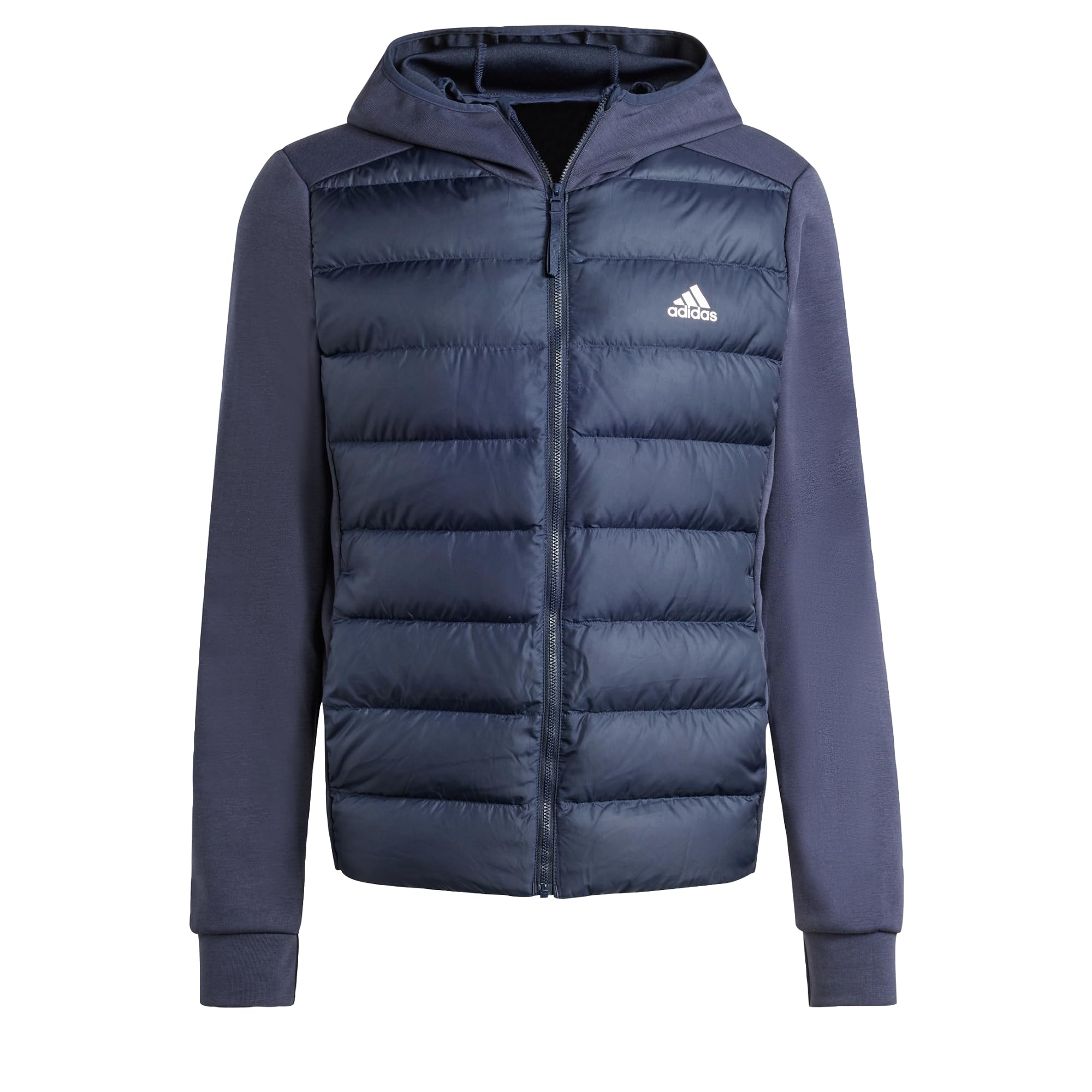 adidas Men's Essentials Hybrid Down Hooded Jacket - Lightweight Warm Winter Coat for Running, Hiking & Outdoor Activities