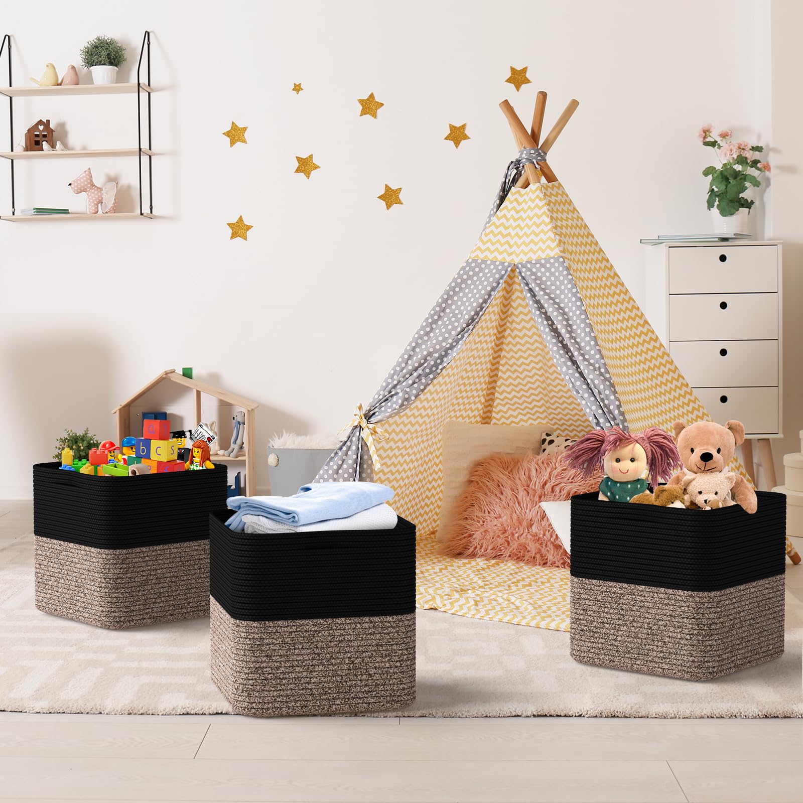 11 Inch Woven Cotton Rope Storage Baskets - 3 Pack Organizer Bins with Handles for Toys, Blankets, Laundry | Decorative Home Storage for Living Room, Bedroom & Closet (Black & Brown) | Perfect for Nursery, Playroom & Bathroom Organization