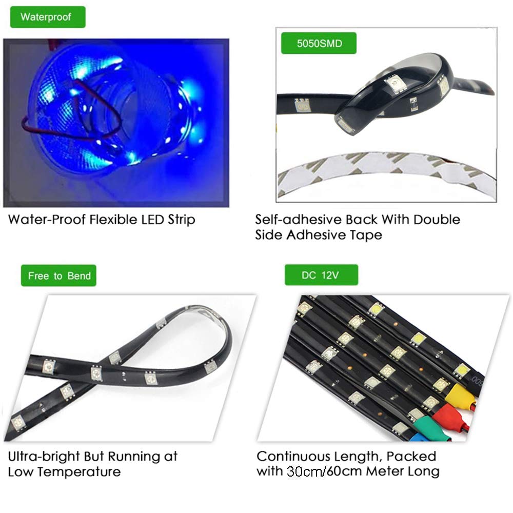 YSY 30CM 5050 12 SMD Flexible LED Strip Lights - Waterproof Car Underbody Lights for Motorcycles, Boats, Interior & Exterior Decor with 3M Tape (DC-12V, Ice Blue, Pack of 8) - Perfect for Vehicle Customization, Home Accent Lighting & Marine Applications