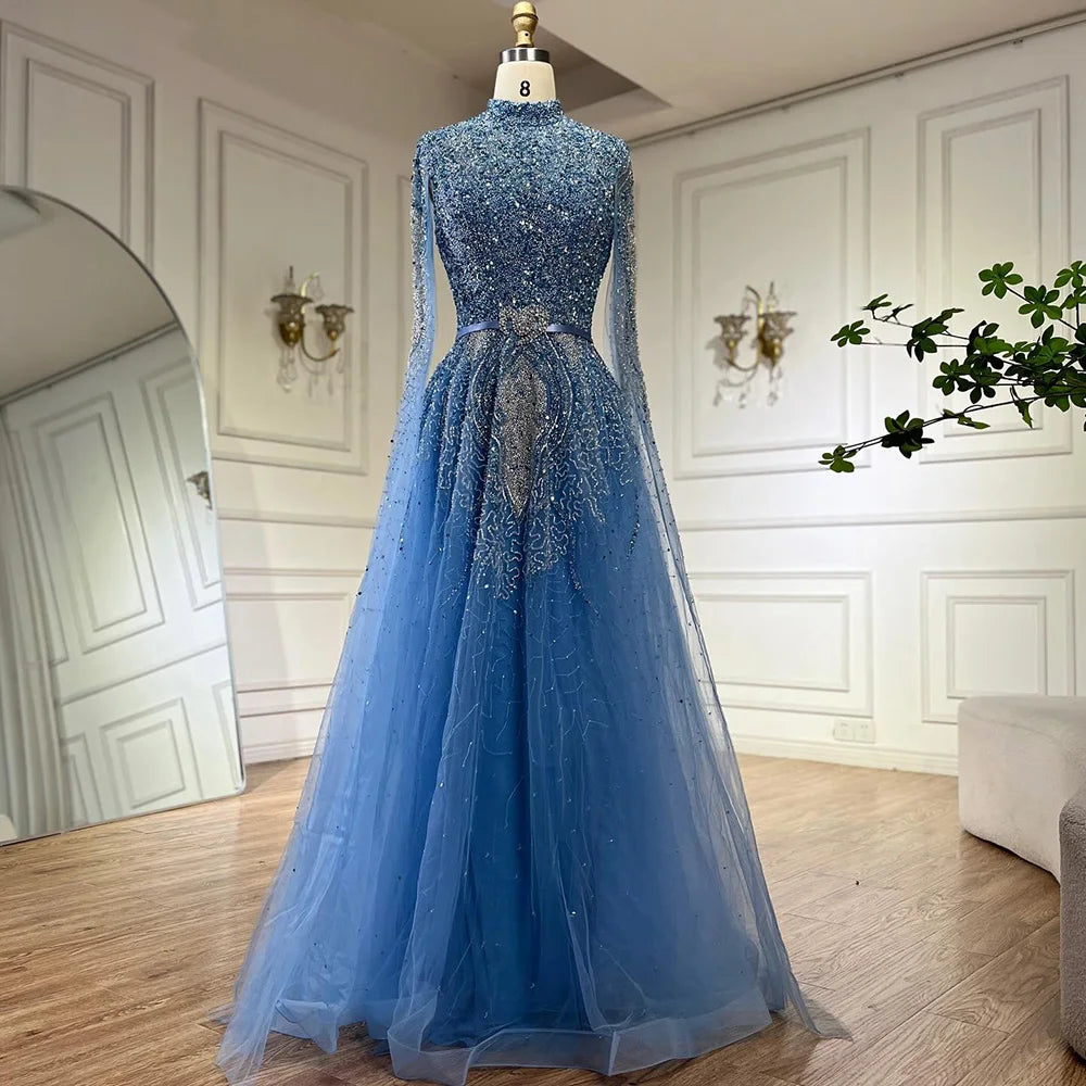 Elegant Gold A-Line Cape Sleeves High Neck Beaded Evening Gown for Women - Luxury Plus Size Formal Dress (LA70066B) | Perfect for Prom, Gala, Wedding & Black Tie Events