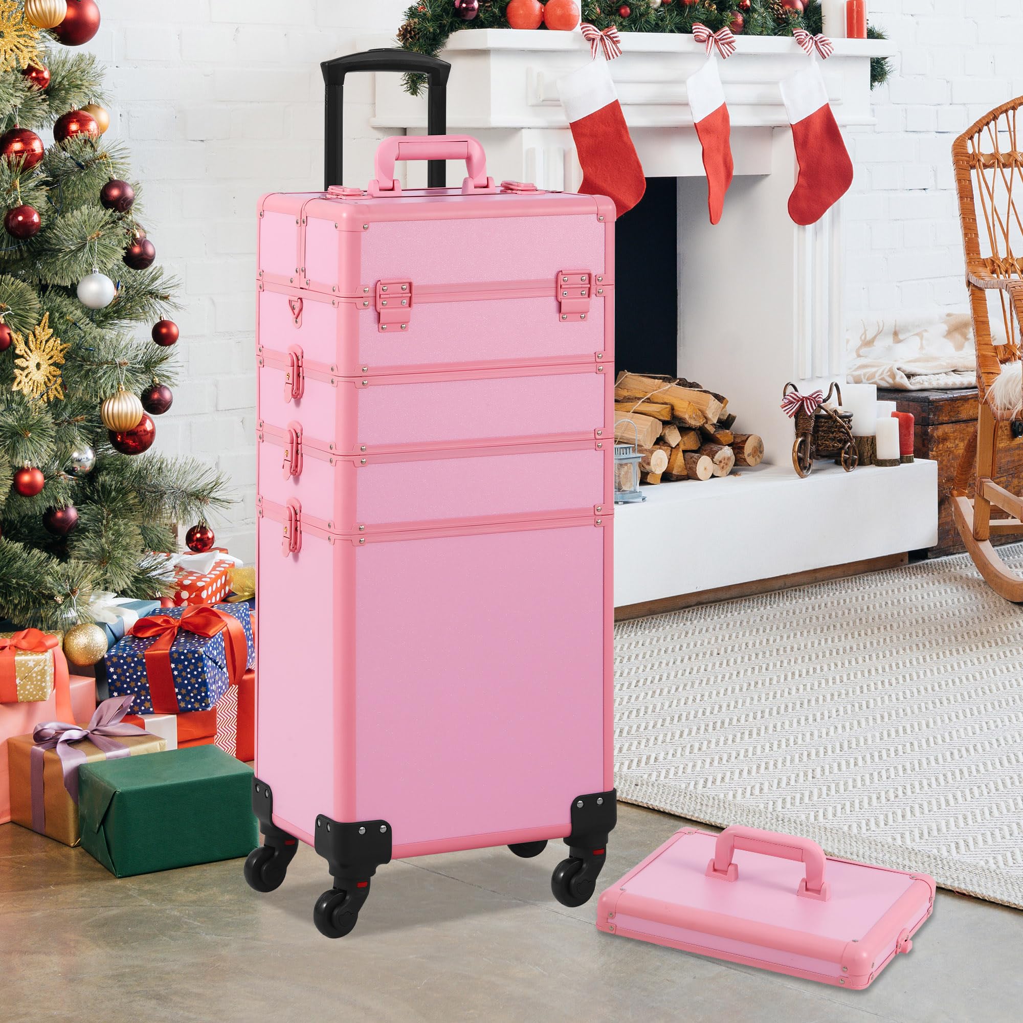 Professional Rolling Makeup Train Case with Lid - 5-in-1 Cosmetic Organizer on Wheels for Salon, Barber & Travel | Large Pink Cosmetology Case | Perfect Christmas Gift for Makeup Artists & Stylists
