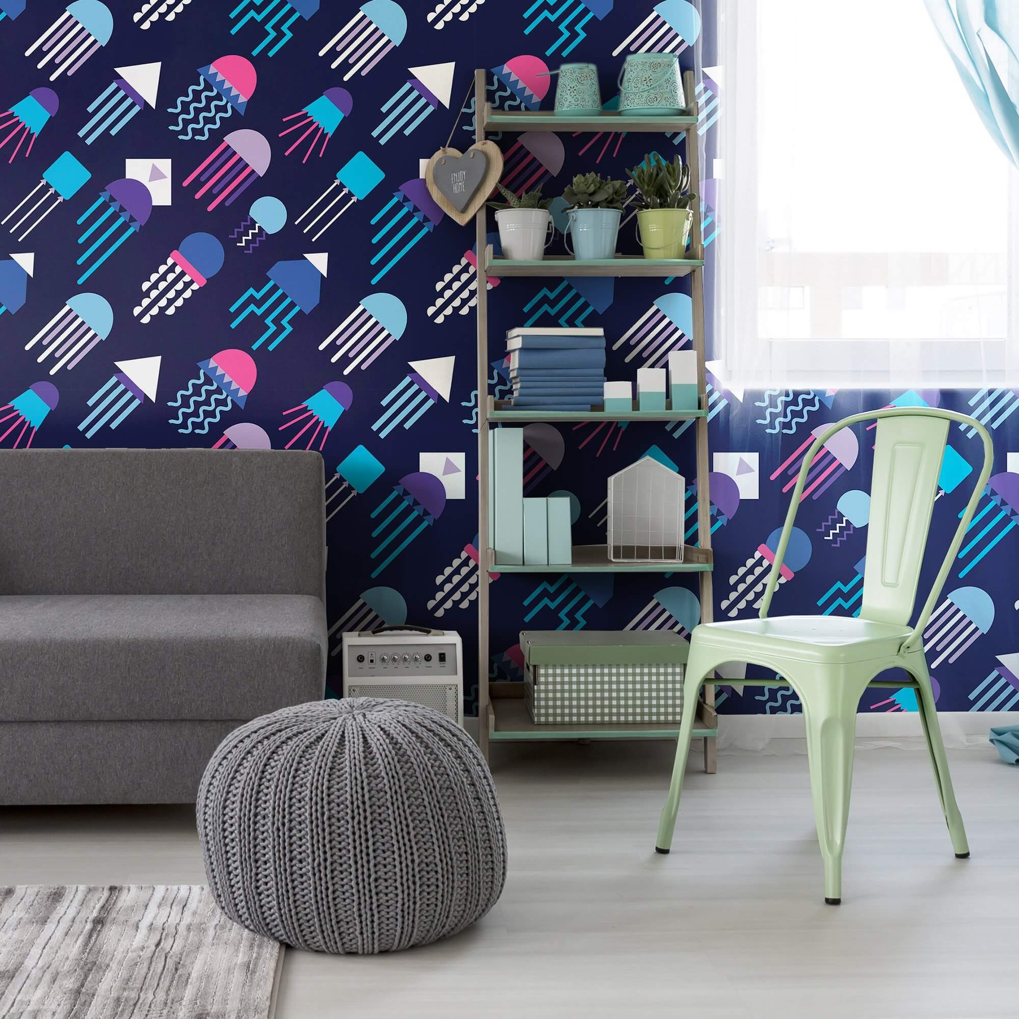 Blue and Purple Fish Nautical Peel and Stick Removable Wallpaper - Self-Adhesive Decorative Wall Covering for Bedroom, Bathroom, Nursery & Home Decor