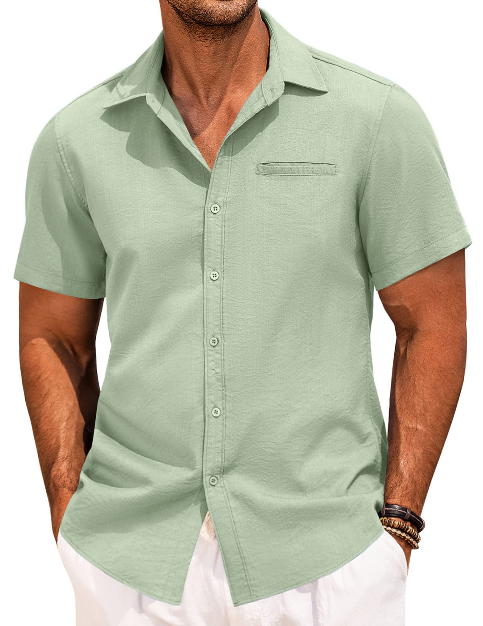 COOFANDY Men's Casual Linen Short Sleeve Button Down Shirt | Breathable Summer Hawaiian Shirt for Beach Vacation & Outdoor Activities