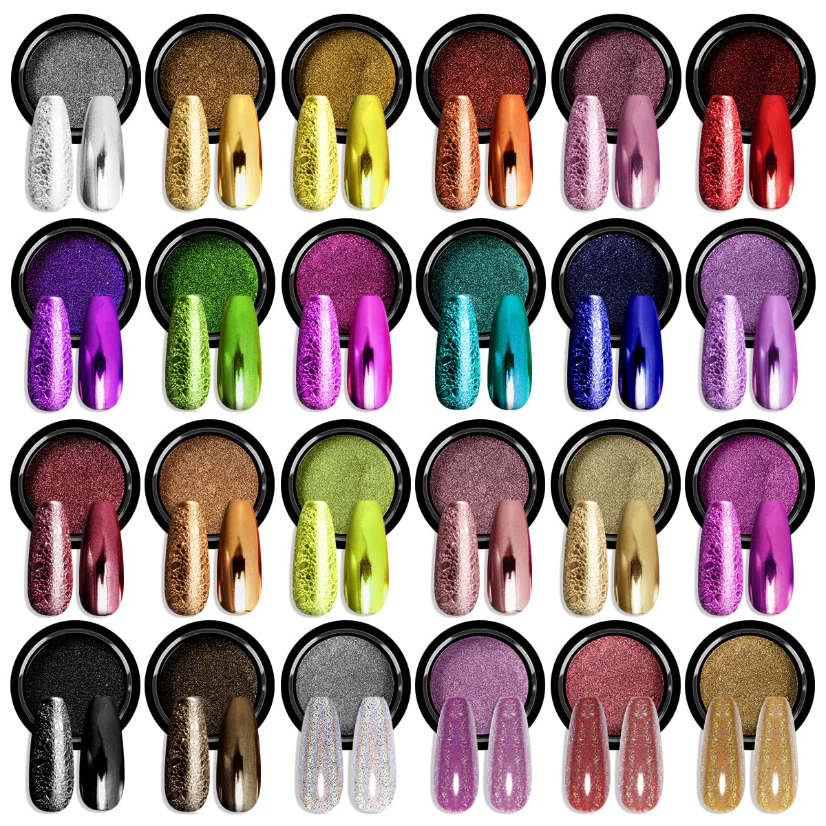 24Pcs Saviland Chrome Nail Powder Set - Metallic Mirror Effect Holographic Nail Powder in Silver, Red, Green & Gold | Professional Nail Art Decoration for Salon, DIY Manicure & Nail Extensions | Long-Lasting Shine for Special Occasions & Everyday Wear