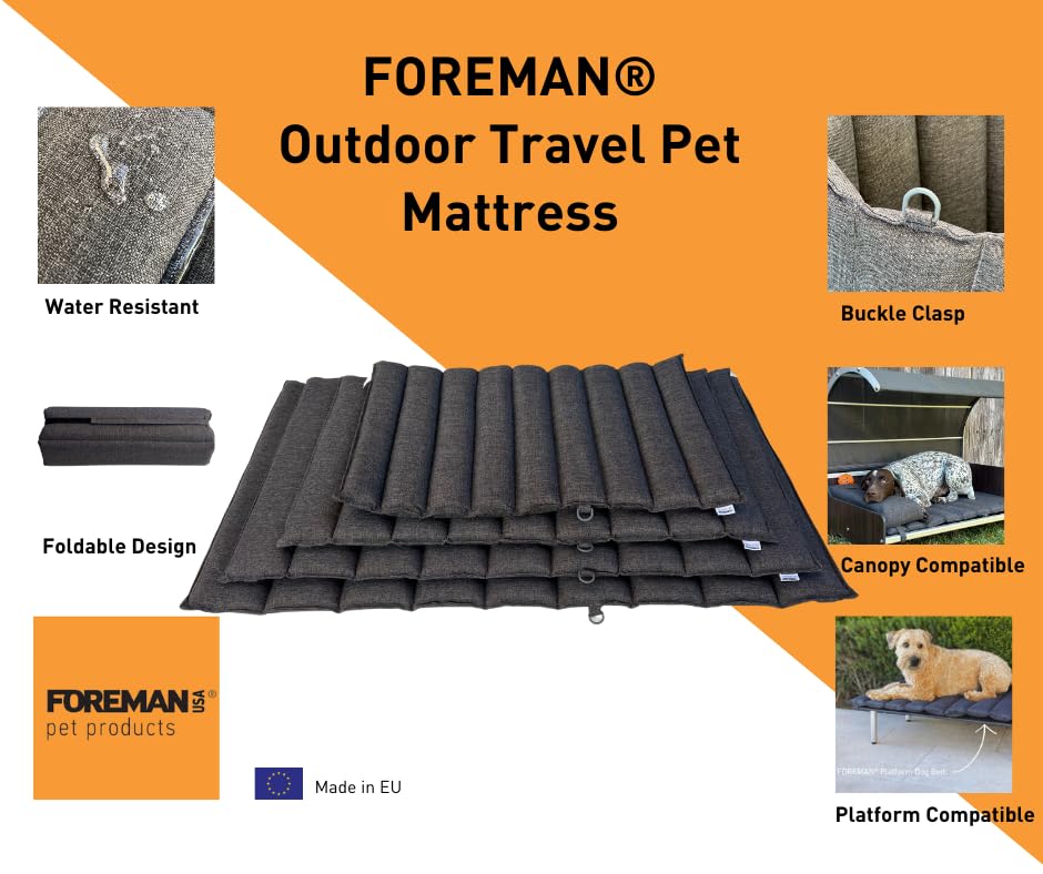 **Foreman Foldable Dog Bed - Waterproof Travel Pet Mattress for Indoor & Outdoor Use - Heavy Duty, Durable & Portable Dog Bed with Foam Mattress - Ideal for Camping, Hiking & Home Comfort - XL 42