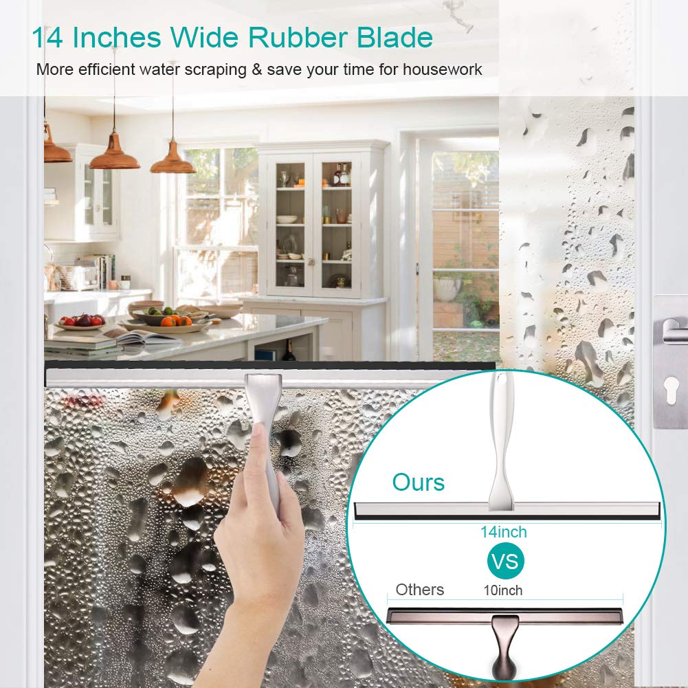 14 Inch Stainless Steel Shower Squeegee with Hook & 6.8 Inch Handle - Multi-Purpose Cleaner for Shower Doors, Mirrors, Car Windows & Bathroom Glass - Perfect for Quick Cleaning & Streak-Free Shine