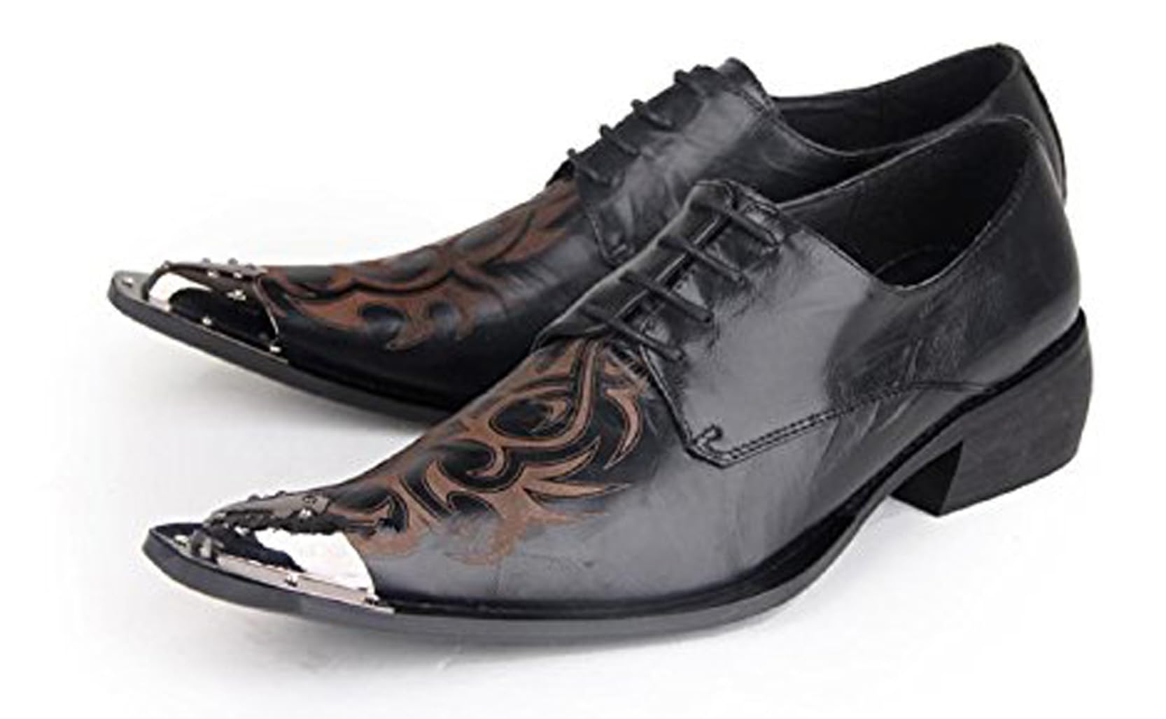 Men's Western Pointed Toe Leather Dress Shoes - Lace Up Oxford with Metal Tip for Formal & Cowboy Style | Perfect for Weddings, Parties & Office Wear