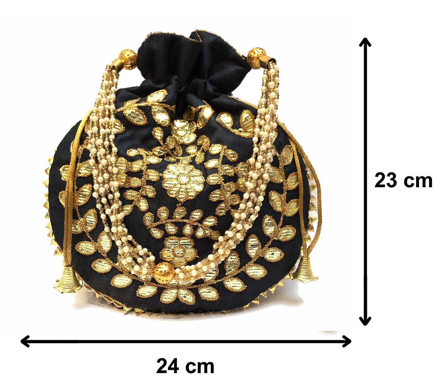 Elegant Black Jewelry Coin Pouch with Pearl Handle - Women's Batwa Wedding Potli Bag & Drawstring Clutch Purse (23x24cm) - Perfect for Bridal Accessories, Gift Giving & Special Occasions