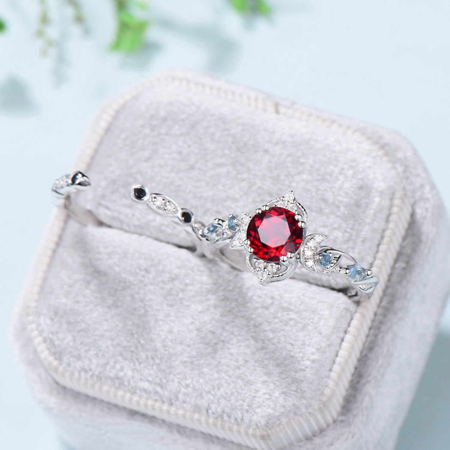 Unique Crescent Moon Ruby Engagement Ring Set with Swiss Topaz & Black Spinel - Nature Inspired Open Gap Wedding Band for Women | Perfect for Bridal Stacking, Proposal & Anniversary Gifts
