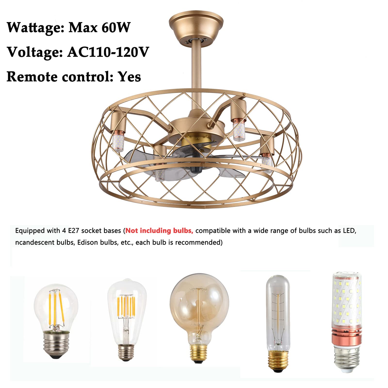 20 Inch Gold Industrial Metal Cage Ceiling Fan with Remote Control & Lights - Rustic Style for Living Room, Bedroom, and Office Spaces
