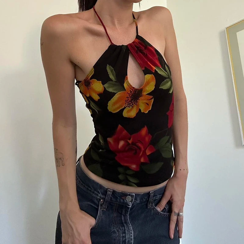 Floral Print Backless Halter Crop Top for Women - Sexy Summer Beachwear & Casual Harajuku Style | Perfect for Vacations, Music Festivals & Night Out