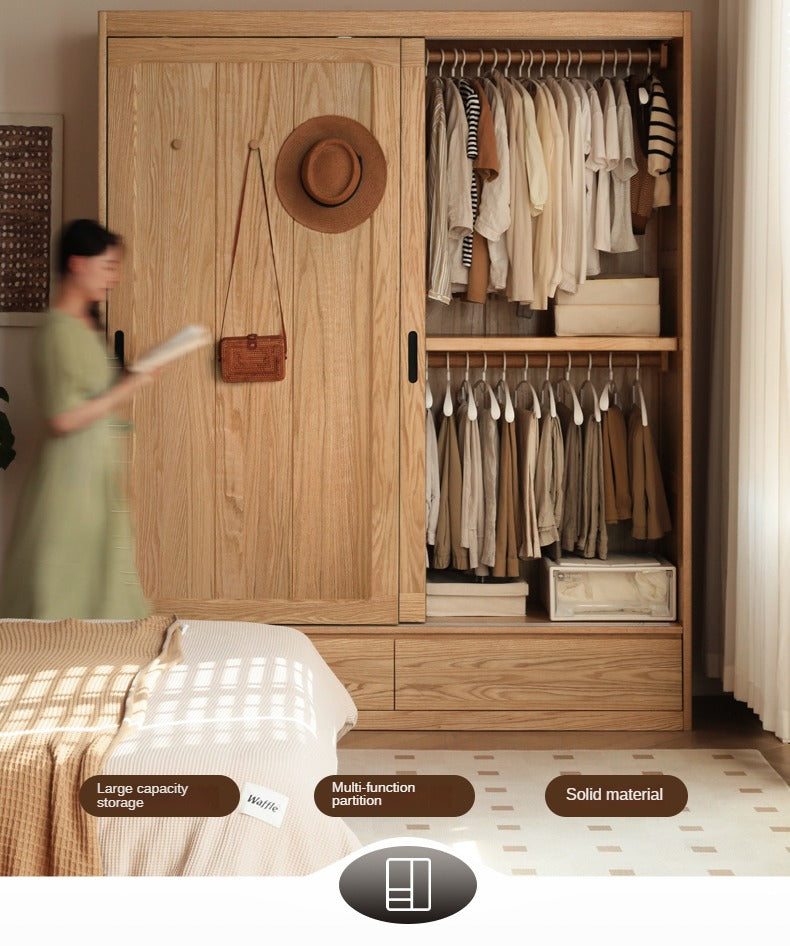 Modern Solid Oak Wood Sliding Door Wardrobe - Durable & Stylish Closet Organizer for Bedroom, Living Room, and Office Storage