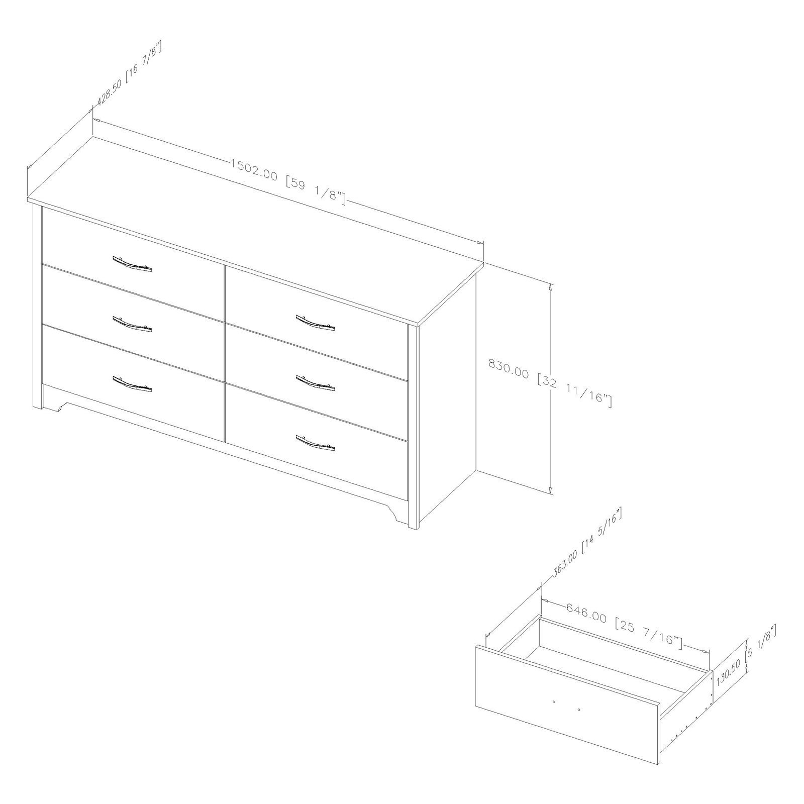 South Store FURNITURE Fusion 6-Drawer Double Dresser in Pure Black - Modern Bedroom Storage Solution for Home Organization
