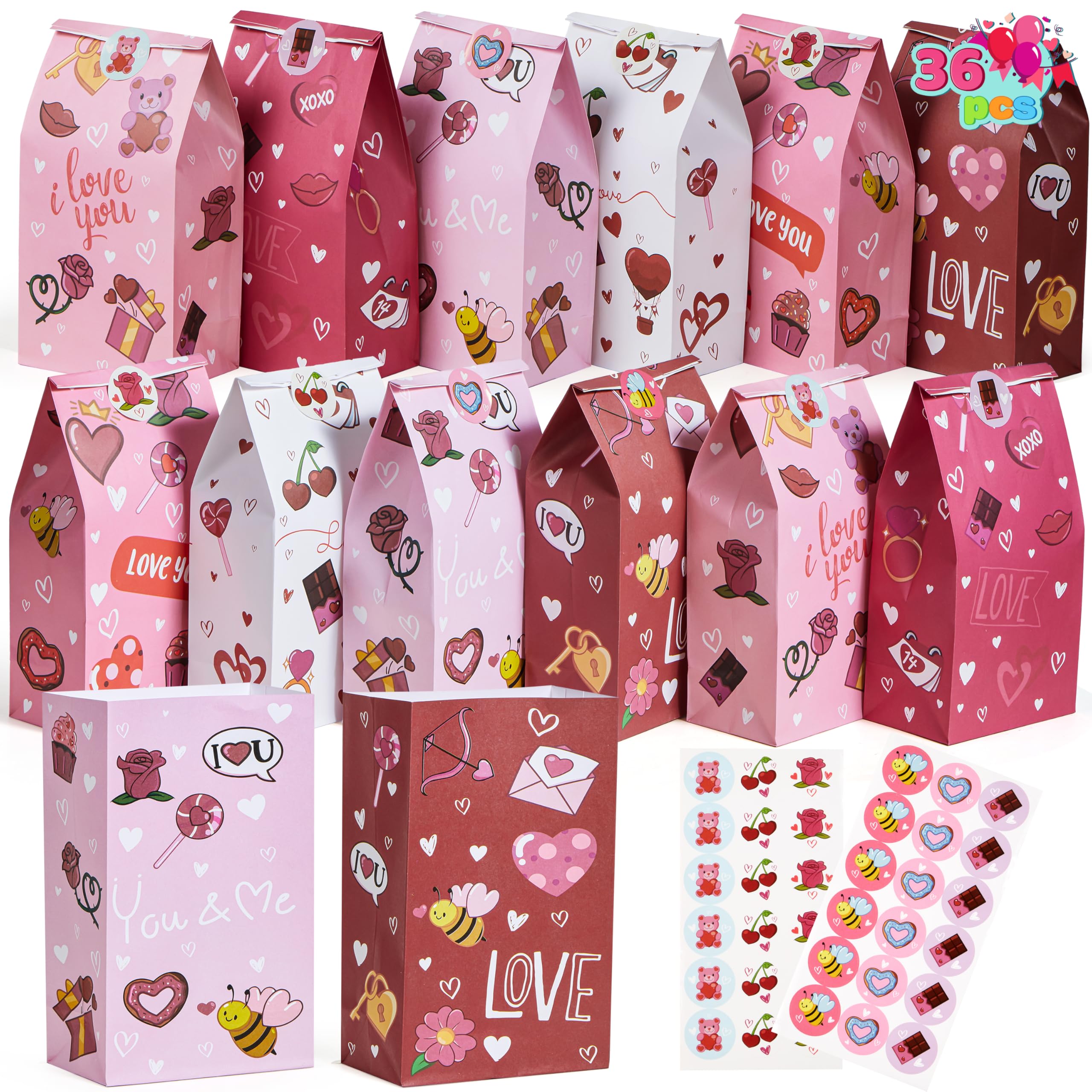 JOYIN 36 Pcs Valentine's Day Gift Bags 5x9.4 Inch, Bulk Red Heart Paper Goodie Bags for Classroom Exchange, Party Favors, Candy Treats & Funny Gift Giving - Perfect for Valentine's Parties, School Events & Holiday Celebrations