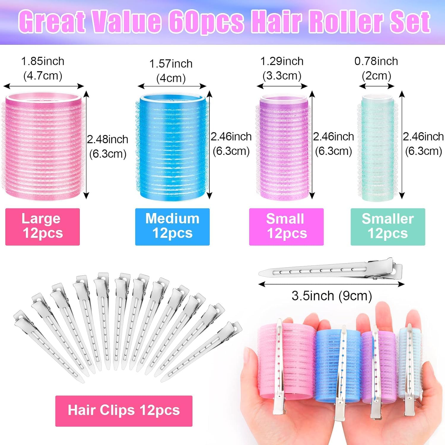 Lakshmi 12PCS Self-Grip Hair Rollers Set with 12 Stainless Steel Duckbill Clips - Soft Curls for Long, Medium, Short, Thick, Fine & Thin Hair - Perfect for Salon-Quality Volume, Waves & Bangs at Home or Professional Styling