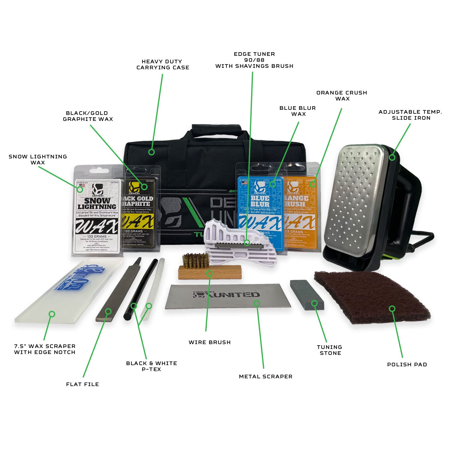 DEMON UNITED USA Diamond Star Edition Ski & Snowboard Tuning Kit - All Season Wax Kit with Hot Wax Iron, Wax Apron, Nylon Brush & Brake Retainers - Perfect for Winter Sports Maintenance & Equipment Care