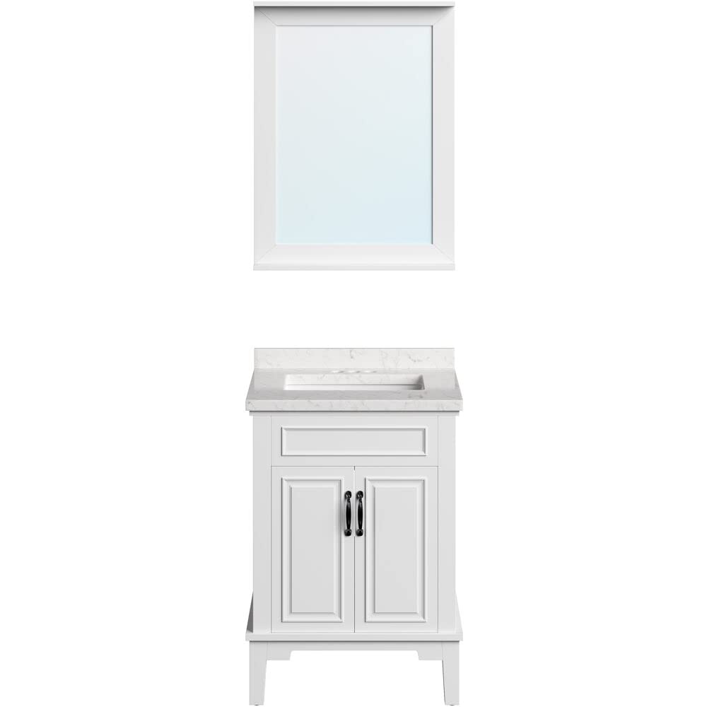 Hanover Lanesboro 24'' White Bathroom Vanity Set with Sink, Mirror & Stone Countertop - Pre-Assembled 2-Door Cabinet for Powder Room or Master Bath | HANVN0105-24-0WH | Perfect for Small Bathrooms & Guest Suites
