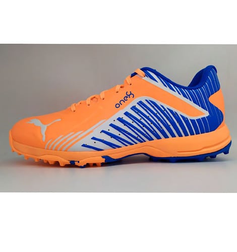 PUMA Junior 22 FH Cricket Shoes for Kids - Neon Citrus, White & Bluemazing - Lightweight Rubber Sole for Comfort & Performance - Perfect for Junior Cricket Matches & Sports Training
