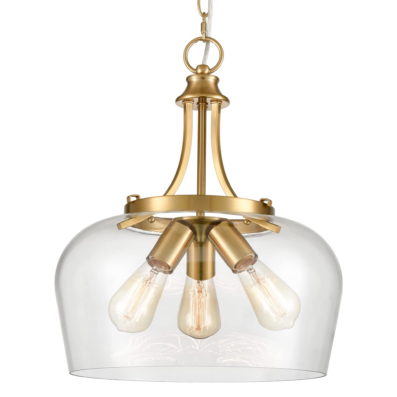 Vintage Gold Pendant Light - Mid Century Modern 3-Light Clear Glass Chandelier with Adjustable Brass Chain - Kitchen Island Lighting for Dining Room, Bedroom & Living Room - Perfect for Farmhouse, Industrial & Contemporary Home Decor