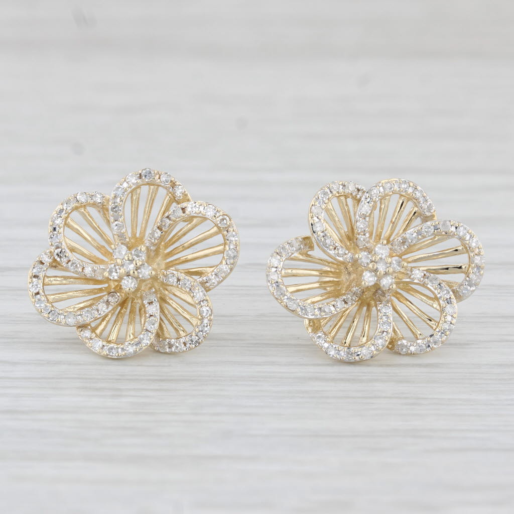 0.60ctw Diamond Floral Stud Earrings in 10K Yellow Gold - Elegant Flower Design for Women's Everyday Wear & Special Occasions
