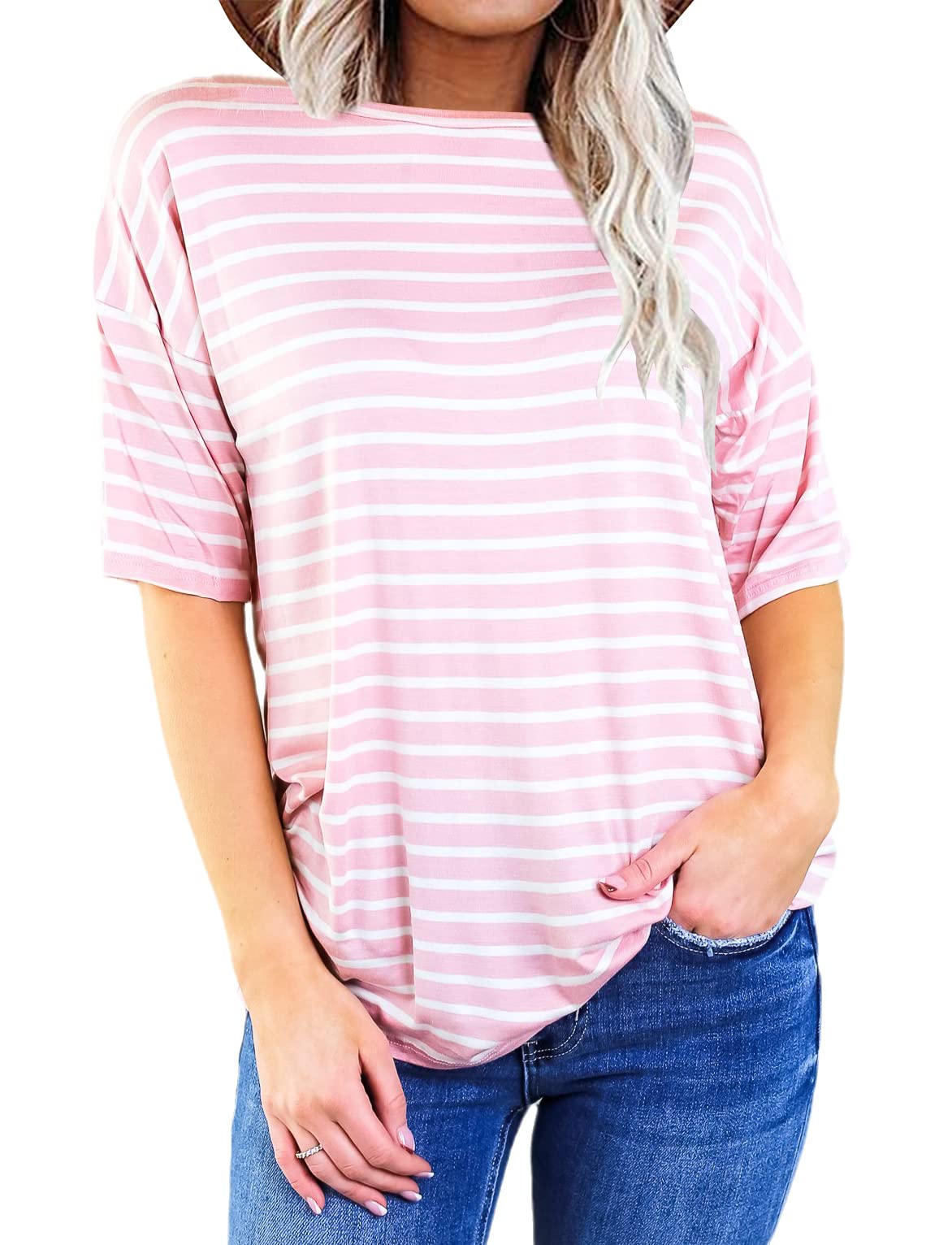 Women's Casual Half Sleeve Crewneck T-Shirt - Elbow Length Cotton Loose Fit Striped Oversized Tee Top for Summer | Perfect for Beach, Travel & Everyday Wear