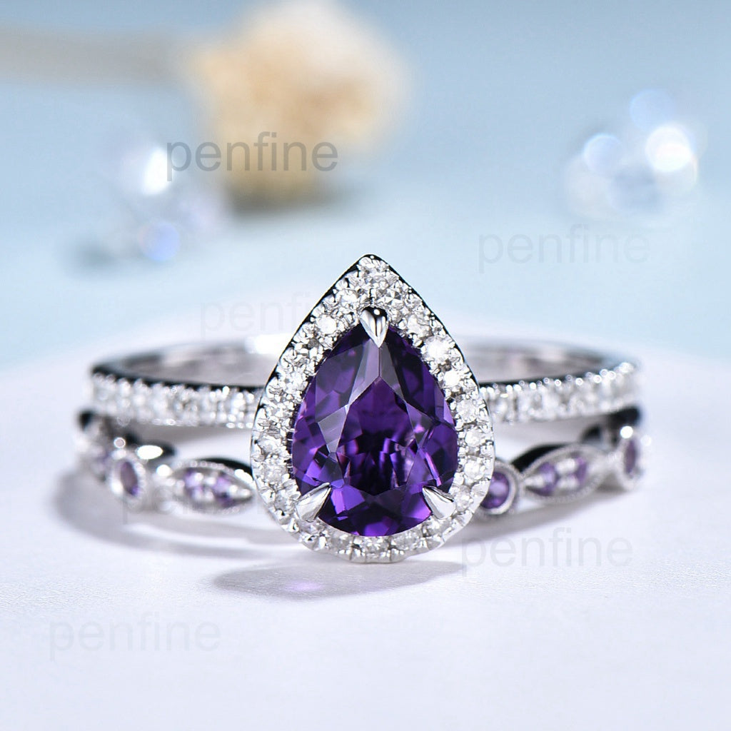 14K White Gold Antique Amethyst Ring for Women - Pear Cut Art Deco Engagement Ring Set, Personalized Bridal Jewelry Gift for Her - Perfect for Weddings, Anniversaries & Special Occasions