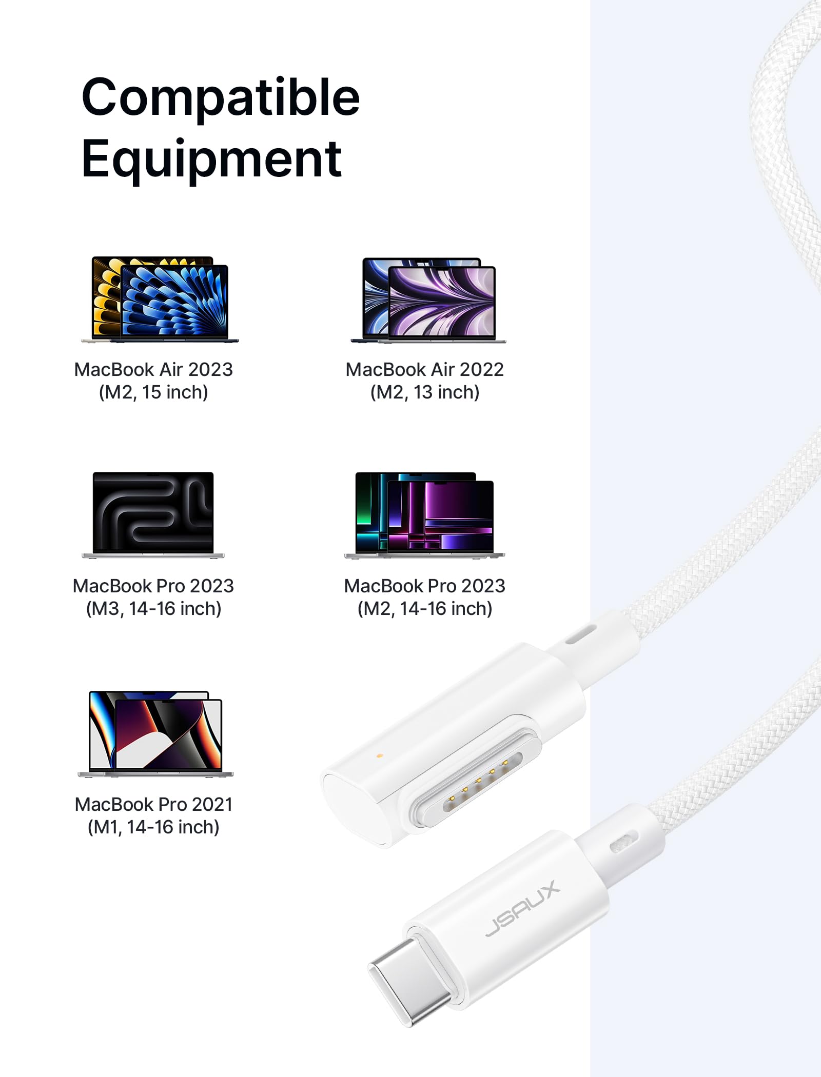 JSAUX 140W USB C to Magnetic 3 Cable 10ft Right Angle - Fast Charging Cord for MacBook Air/Pro 2023/2022/2021 (M3, M2, M1, 14-16 Inch) | Perfect for Home, Office & Travel Charging