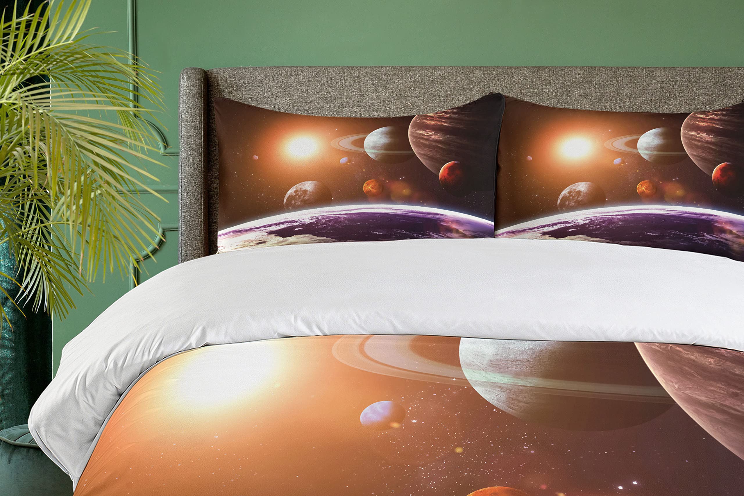 Ambesonne Galaxy Duvet Cover Set - Space Themed Planets, Sun & Moon Design - 3 Piece California King Bedding Set with 2 Pillow Shams in Magenta Orange - Perfect for Astronomy Lovers & Science Themed Bedrooms