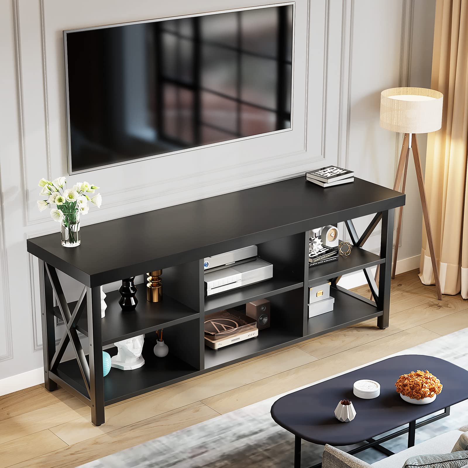 GreenForest 65 Inch TV Stand with 6 Storage Cabinets - Industrial Farmhouse Entertainment Center for Living Room, Black | Perfect for Home Theater & Living Room Organization